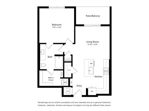 Floor plan for 1 bed, 1 bath, 786 sqft